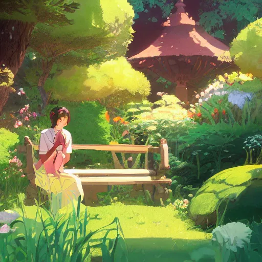 Image similar to woman sitting in a fantasy garden, cottagecore, atey ghailan, goro fujita, studio ghibli, rim light, sharp lighting, clear focus, very coherent,