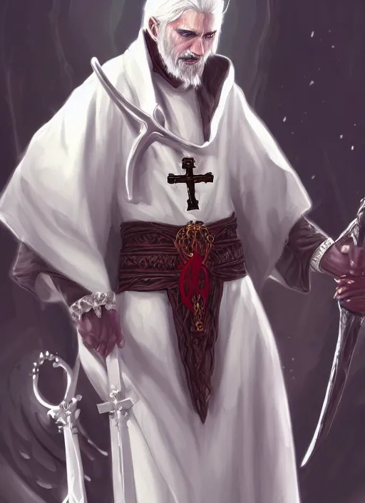 Image similar to a highly detailed illustration of white haired african priest wearing white robe, wielding bloody cross, gothic church background, intricate, elegant, highly detailed, centered, digital painting, artstation, concept art, smooth, sharp focus, league of legends concept art, wlop