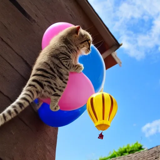 Prompt: a domestic house cat clinging onto the bottom of a string tied to a balloon in the blue sky