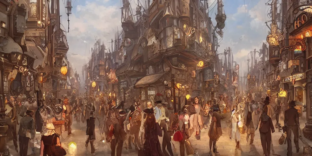 Prompt: a street of a big flying steam punk city full of people with strange costumes, artstation