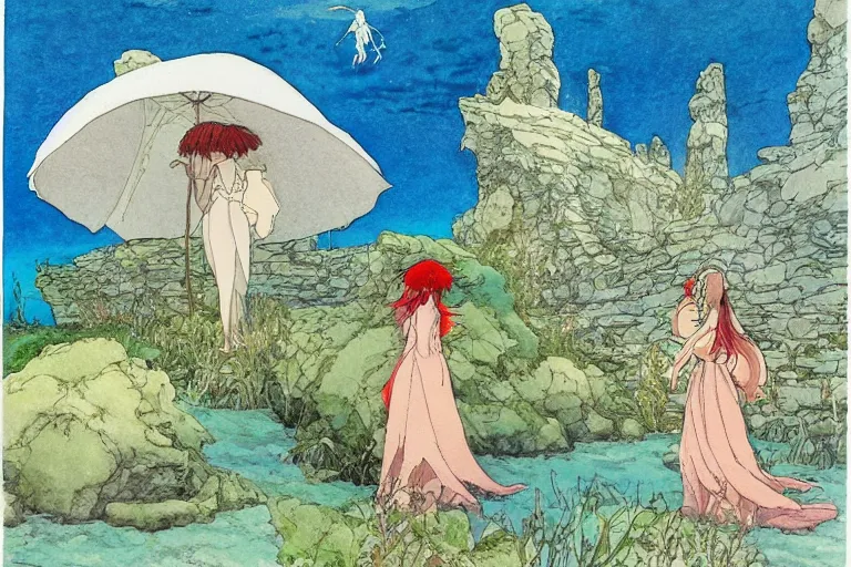 Image similar to a hyperrealist studio ghibli watercolor fantasy concept art. in the foreground is a lost princess in a red dress. in the background is stonehenge. the scene is underwater on the sea floor. by rebecca guay, michael kaluta, charles vess