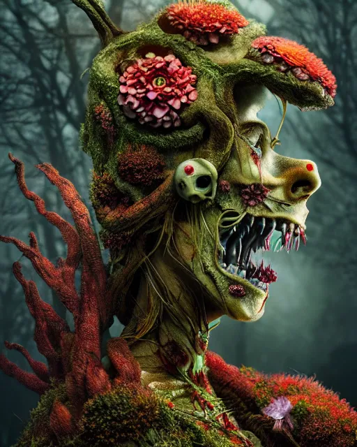 Prompt: a disturbing horror photograph of an amazing fantasy creature made out of nature and flowers and fungus, intricate, hyperrealism, sharp focus, cinematography, highly detailed, octane render, digital horror artwork, matte, photography by professional photographer