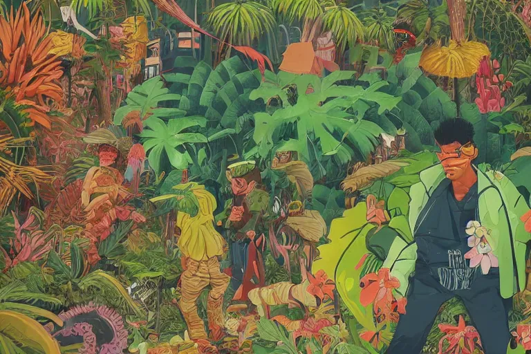 Image similar to 2 d gouache illustration of a rotterdam gabber from 9 0's, a lot of exotic vegetation, trees. flowers, oldschool vintage sci - fi flat surreal design, super - detailed, painting by satoshi kon, hd, 4 k, high quality