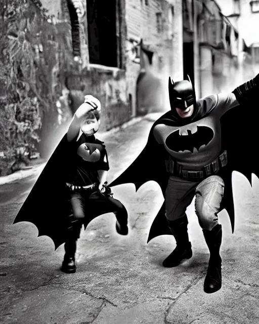 Prompt: happy batman beating up children in an alleyway, hd photography
