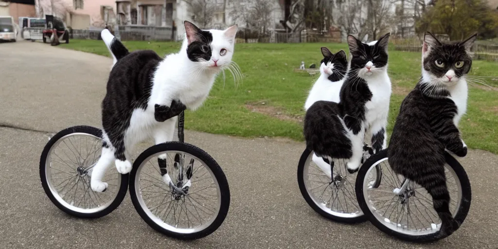 Prompt: photo of cats on unicycles