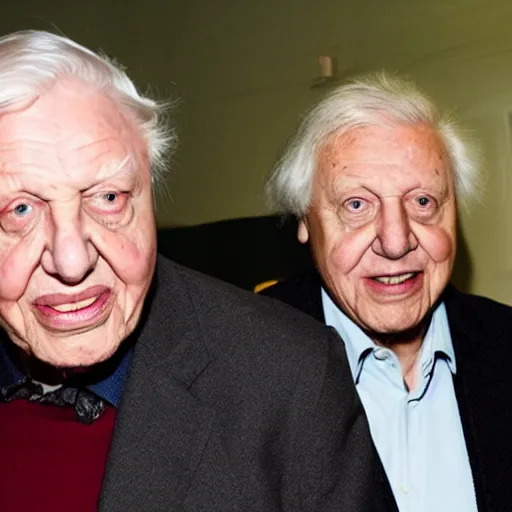 Prompt: Sir David Attenborough next to a red-eyed Mothman