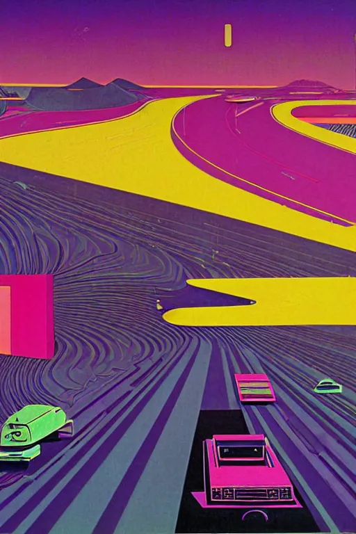 Image similar to 8 0 s art deco desert road with old cars, computers, cinematic dramatic cyberpunk textural fluid lines purple, pink, blue, green. otherworldly vaporwave interesting details fantasy lut epic composition by basquiat zdzisław beksinski james jean artgerm rutkowski moebius francis bacon gustav klimt