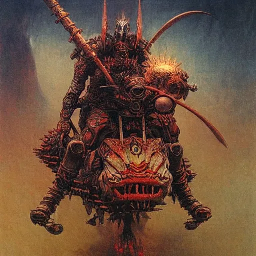 Image similar to epic wizard riding futuristic motorcycle through the gates of hell, wearing samurai armor, highly detailed beksinski painting