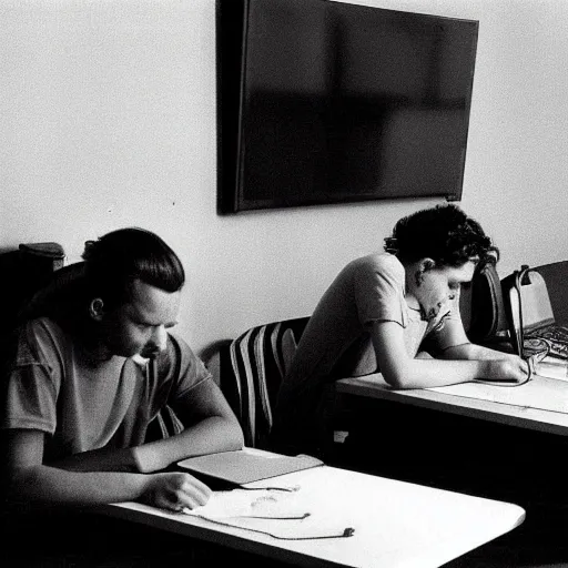 Prompt: sad geeks sitting in a dirty hotel room working on computers, 1990s photograph