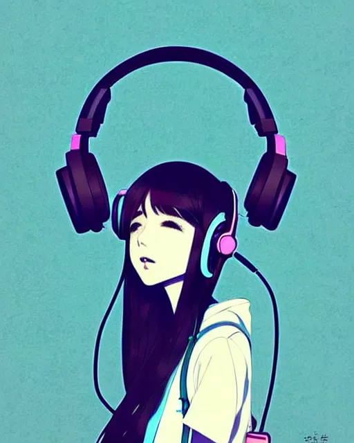 Image similar to girl wearing headphones, city background, very anime!!! anime!! intricate details, aesthetically pleasing pastel colors, poster background, art by conrad roset and ilya kuvshinov