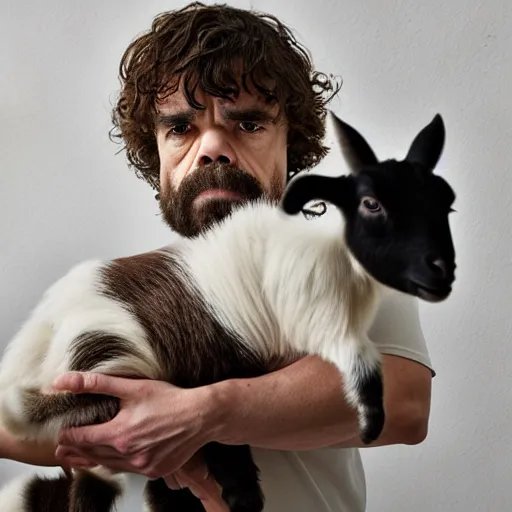 Image similar to peter dinklage holding a baby goat, ( sony a 7 r iv, symmetric balance, polarizing filter, photolab, lightroom, 4 k, dolby vision, photography awardm, voque, perfect face )