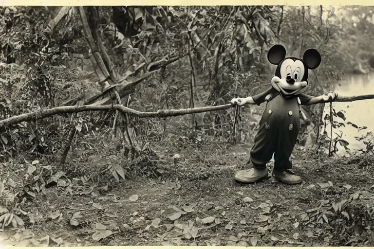 Prompt: a 1 9 0 5 colonial closeup photograph of mickey mouse in a village at the river bank of congo, thick jungle, wide angle shot