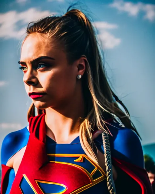 Prompt: high quality presentation photo of a cara delevigne as supergirl, photography 4k, f1.8 anamorphic, bokeh, 4k, Canon, Nikon