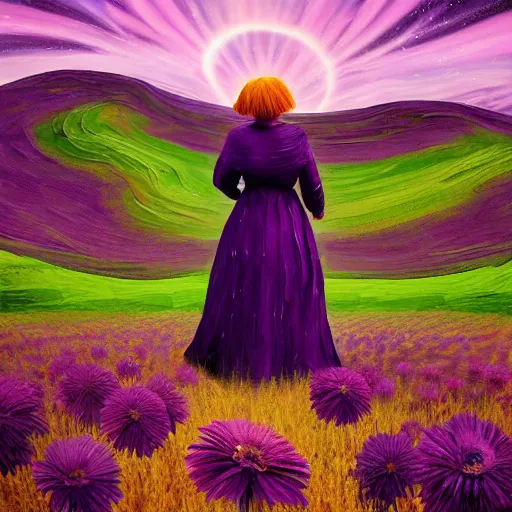 Prompt: giant purple daisy flower as a head, girl walking in wheat field, hills, surreal photography, dark night, star trails, dramatic light, impressionist painting, clouds, digital painting, artstation, simon stalenhag