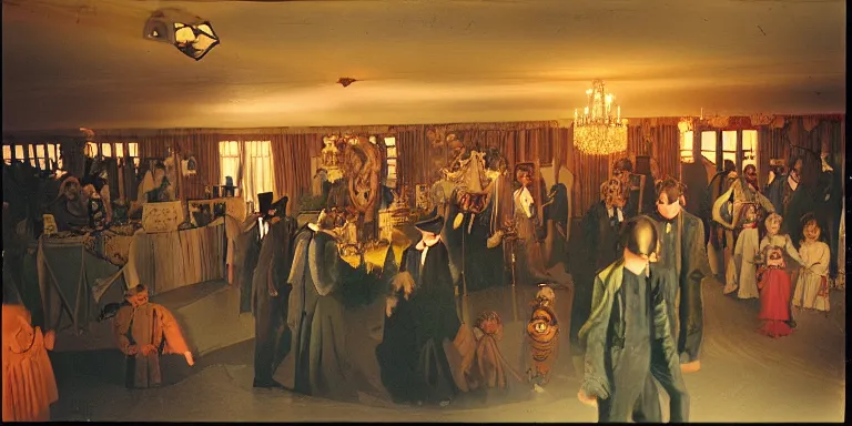 Prompt: photorealistic color macro cinematography of a creepy 1 9 2 0's halloween party inside the elstree studios set for the shining's overlook hotel shot on 3 5 mm eastman 5 2 4 7 film by the shining cinematographer john alcott shot on a wide cooke panchro 6 5 mm macro lens. with golden ratio composition