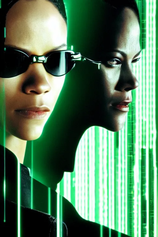 Prompt: a movie poster portrait taken from the matrix movie featuring ( zoe saldana ) with beautiful long black braids, wearing futuristic sun glasses and black leather trench coat, green matrix computer code and light beams flash in the background, extremely detailed, extremely symmetrical facial features, by kevin fiege 8 k