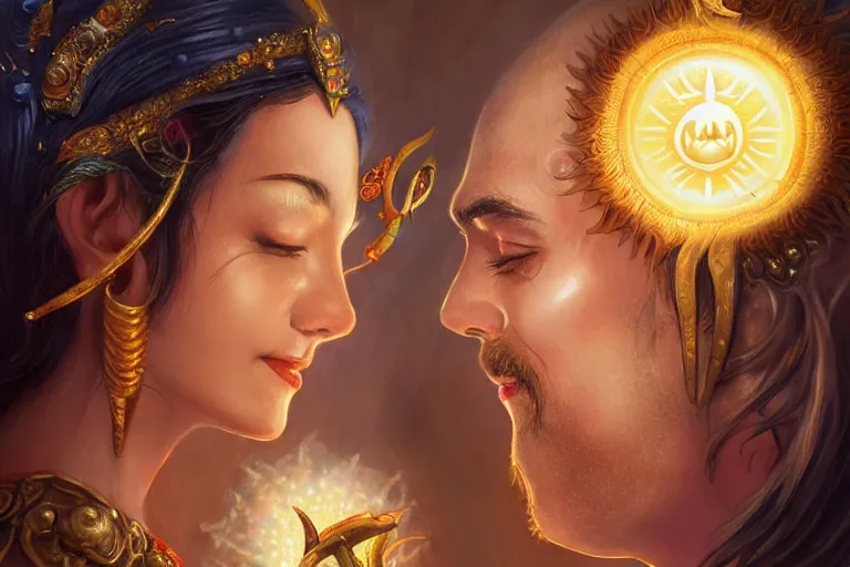 Image similar to close up moment of a divine a sun god and a moon goddess lovers magician at a wedding banquet, highly detailed, d & d, fantasy, highly detailed, digital painting, trending on artstation, concept art, sharp focus, illustration, art by artgerm and greg rutkowski and magali villeneuve