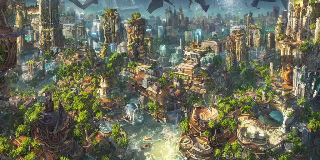 Image similar to a utopian city, filled with fauna, with building floating around everywhere, building cover with plant, dynamic lighting, fantasy concept art, trending on art station, stunning visuals, creative, cinematic, ultra detailed