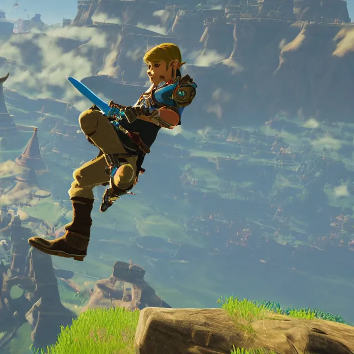 Image similar to Tony Hawk in The Legend of Zelda Breath of the Wild, detailed screenshot