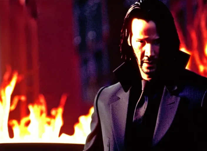 Prompt: Movie still of Keanu Reeves as Neo in The Matrix movie doing a thumb up to the camera in front on burning servers, servers in flames in the background, doing a thumb up, The Matrix servers on fire, uncropped, full body, crispy, symmetrical face, ultra detailed, cinematic, thumb up, double thumb up to the camera