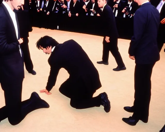 Image similar to keanu reeves bowing down, realistic, award winning photograph, 1 0 0 mm