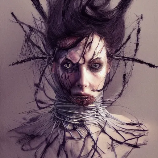 Image similar to portrait of a Shibari barbed wire wrapped face and neck, headshot, insanely nice professional hair style, dramatic hair color, digital painting, of a old 17th century, old cyborg merchant, amber jewels, baroque, ornate clothing, scifi, realistic, hyperdetailed, chiaroscuro, concept art, art by Franz Hals and Jon Foster and Ayami Kojima and Amano and Karol Bak,