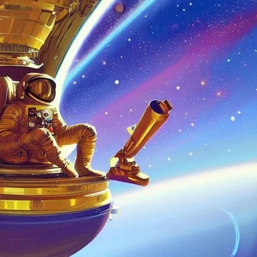 Image similar to astronaut sitting on the golden chair in galaxy, digital painting by dean cornwall, rhads, john berkey, tom whalen, alex grey, alphonse mucha, donoto giancola,