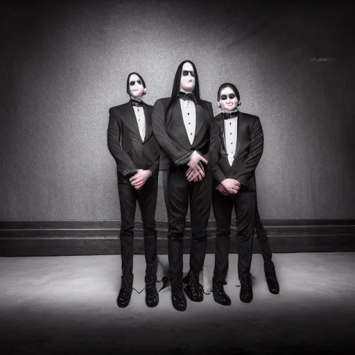 Image similar to motionless in white band standing while posing for a photo, award winning photography, hdr, studio lighting, dynamic pose, medium close shot, shot on canon eos r 5, f / 2. 5,