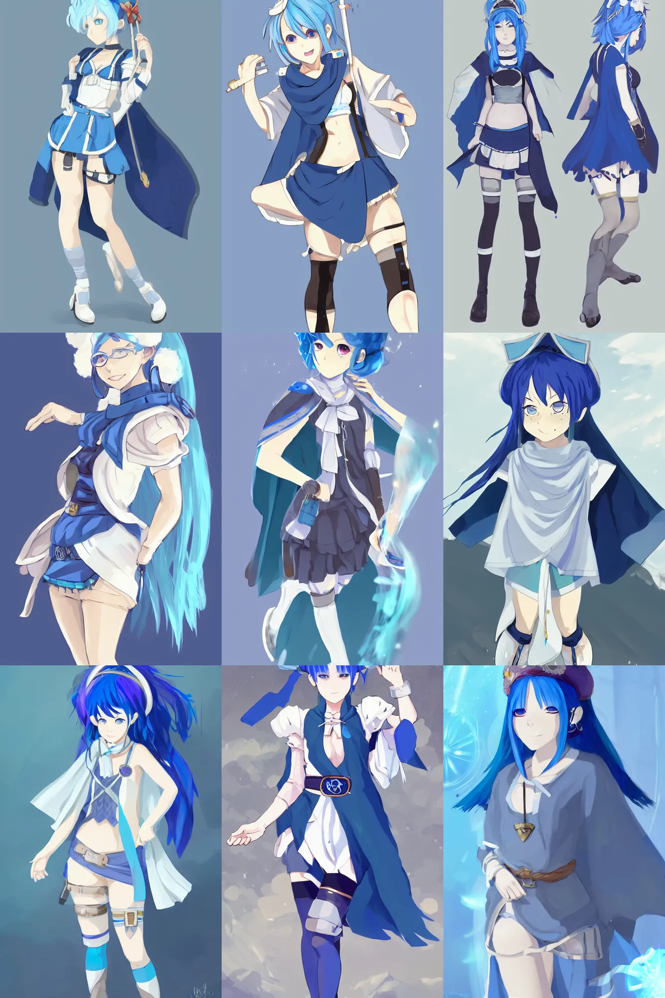Prompt: a blue-haired traveller, alchemist girl, short hair, wearing a headband, short pale tunic and white stockings, high boots, azure cape, anime character; full body art, in the Japanese fantasy videogame; character concept art; trending on artstation, highly detailed, clean lineart, vector line art, clean, by Ilya kuvshinnikov