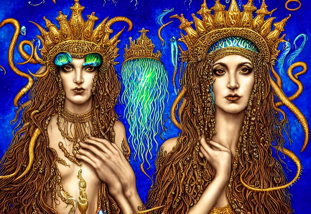 Image similar to isis goddess macro close - up portrait with extremely detailed crown made of ram skull dripping gold + betta fish + jellyfish, in the style of michael cheval, bioluminiscent, plasma, wind, creature