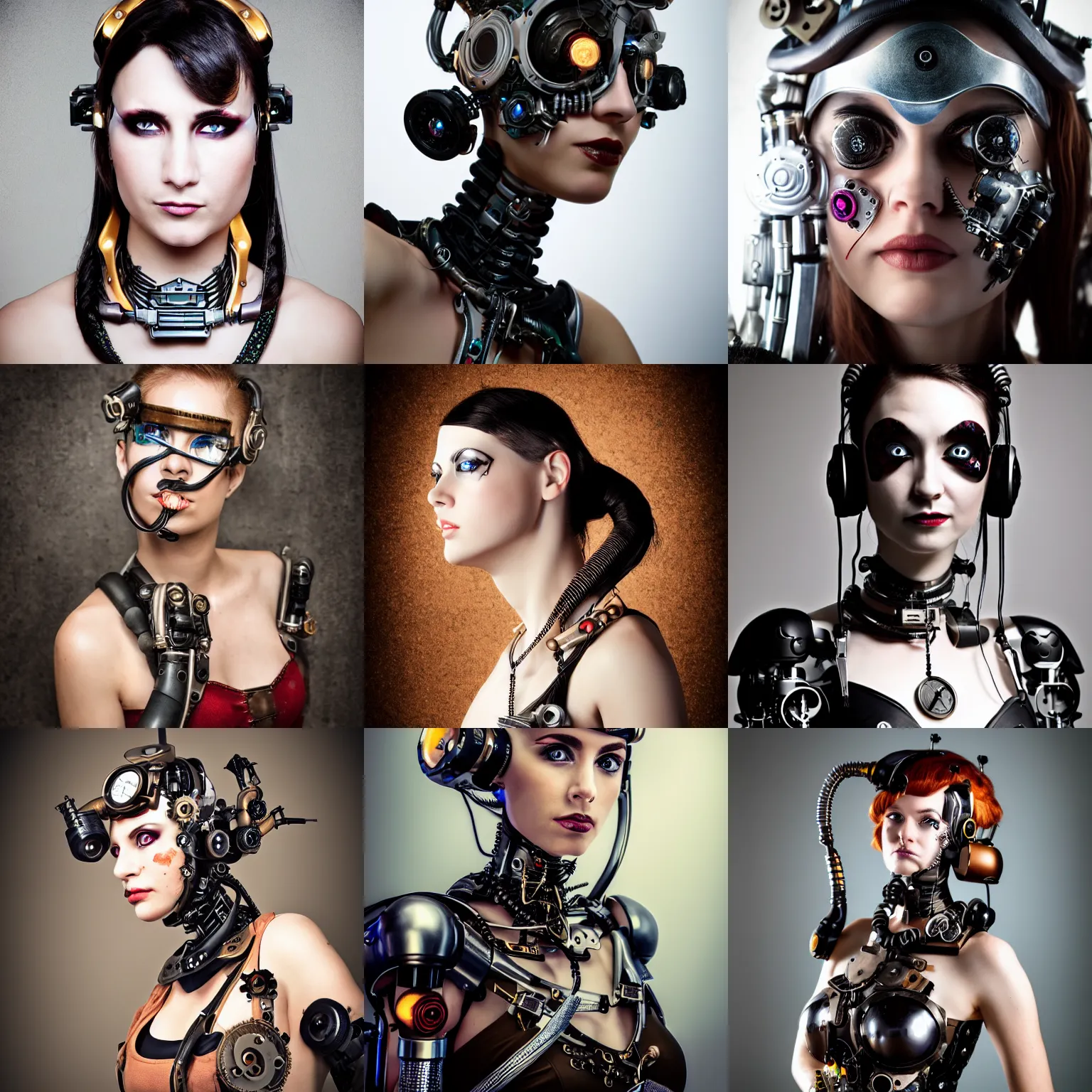 Prompt: portrait photo of a beautiful female cyborg steampunk