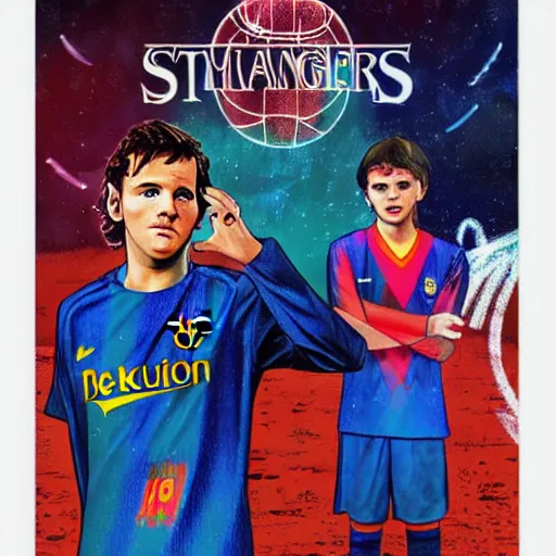 Prompt: messi, stranger things cover art, art by stephen bliss