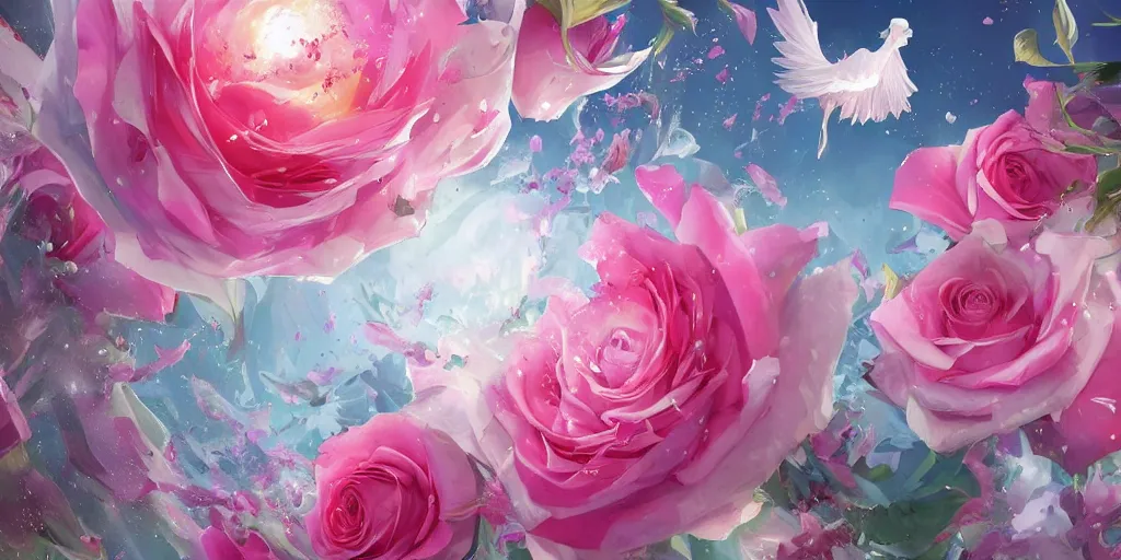 Prompt: background art of magic invisible blade slicing through a bouquet of white and pink roses, flowers exploding and spraying and splattering, big puffy clouds, exploding roses, large rose petals, lotus petals, large polygonal background elements, large polygons, dramatic anime, dramatic radiant lighting, artgerm, manga, trending on artstation, art nouveau, mature colors