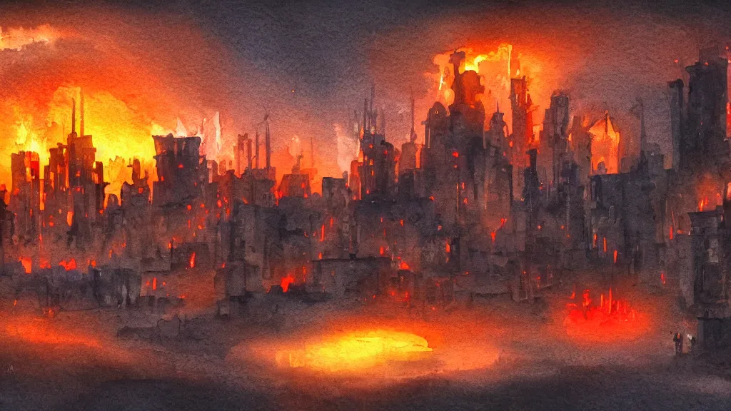 Image similar to a watercolor painting of an abandoned fiery city in hell, scary, bright, fantasy, smoke, fire, circular, digital art,