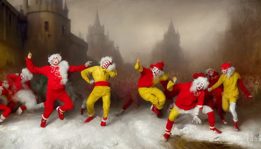 Prompt: highly detailed painting of a group of ronald mcdonalds with red afros, white facepaint, red noses and yellow tracksuits dancing outside a pink snowy scottish castle by william turner, by greg rutkowski, by william constable, thick brush strokes and visible paint layers, 4 k resolution