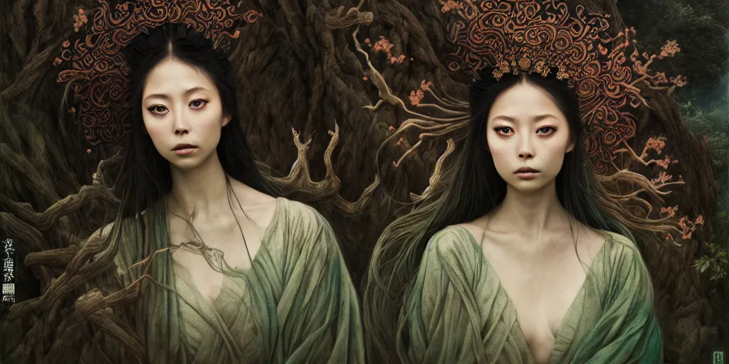 Image similar to wuxia, forest, moonlight, gemma chen, madison beer, angela sarafyan, pinup, intricate beautiful faces, surrealistic painting by agostino arrivabene, vanessa beecroft, anka zhuravleva, mary jane ansell, peter mohbacher, gerald brom