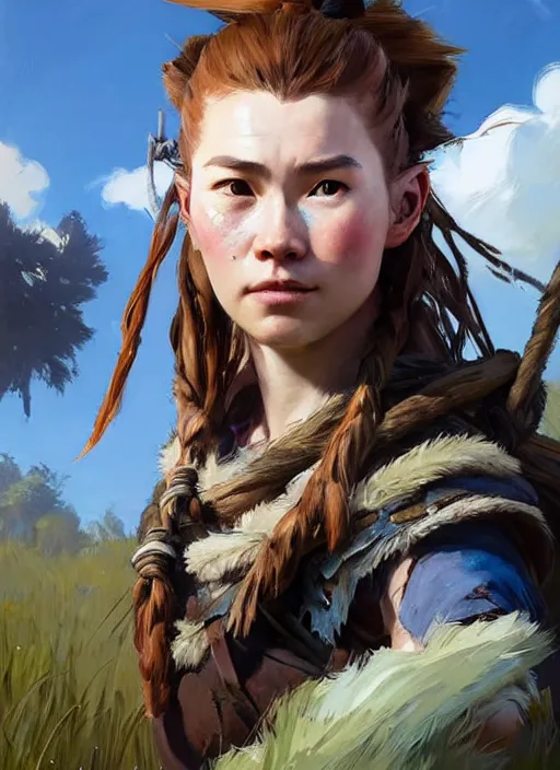 Prompt: portrait of Aloy from Horizon Zero Dawn in the style of League of Legends practicing, countryside, calm, fantasy character portrait, dynamic pose, above view, sunny day, thunder clouds in the sky, artwork by Jeremy Lipkin and Giuseppe Dangelico Pino and Michael Garmash and Rob Rey and Jean Giraud, very coherent asymmetrical artwork, sharp edges, perfect face, simple form, 100mm