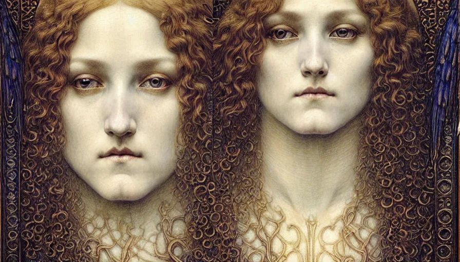 Image similar to detailed realistic beautiful young medieval queen face portrait by jean delville, gustave dore and marco mazzoni, art nouveau, symbolist, visionary, gothic, pre - raphaelite. horizontal symmetry