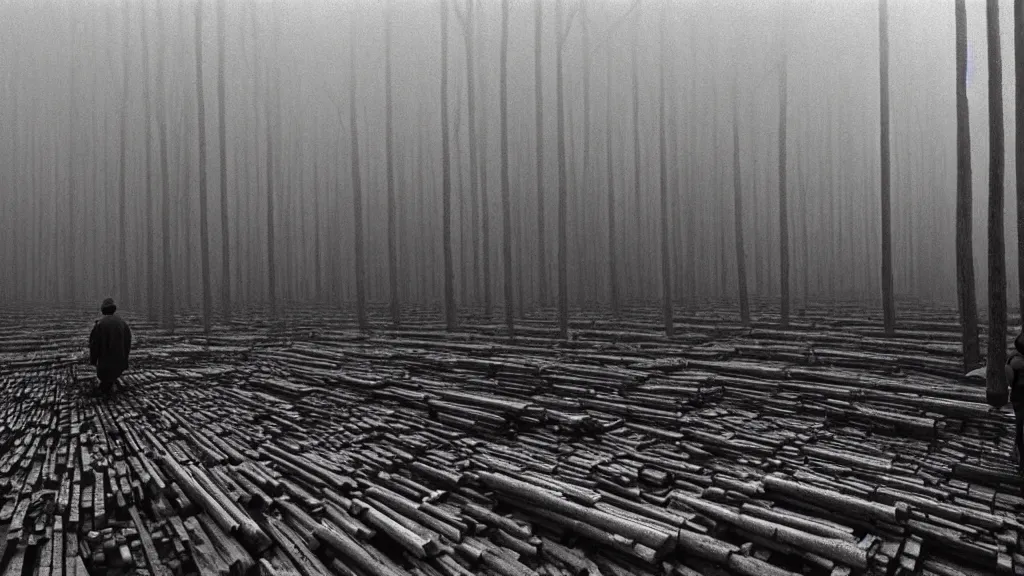 Image similar to a man working in a wood factory made of wood, film still from the movie directed by wes anderson with art direction by zdzisław beksinski and m. c. escher, wide lens