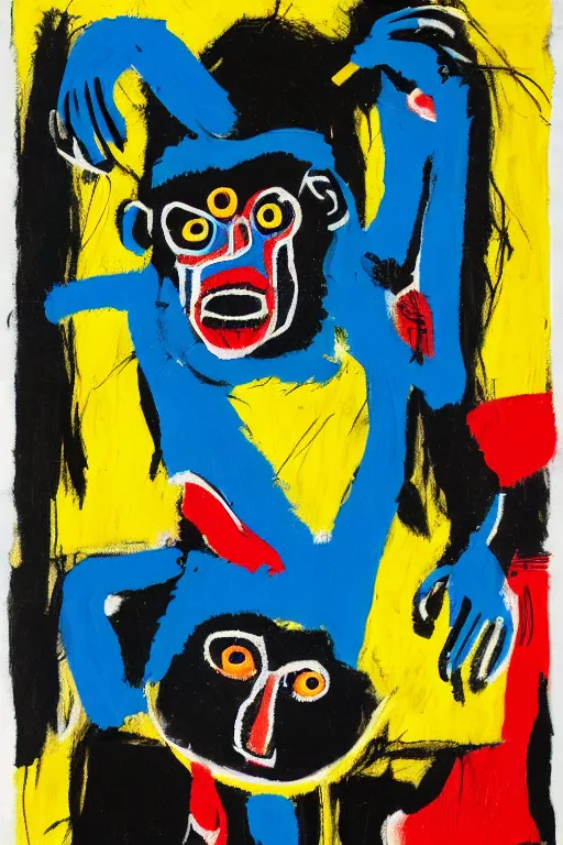 Prompt: an illustration of monkeys killing children in the style of basquiat by margaret wise brown, blue and black