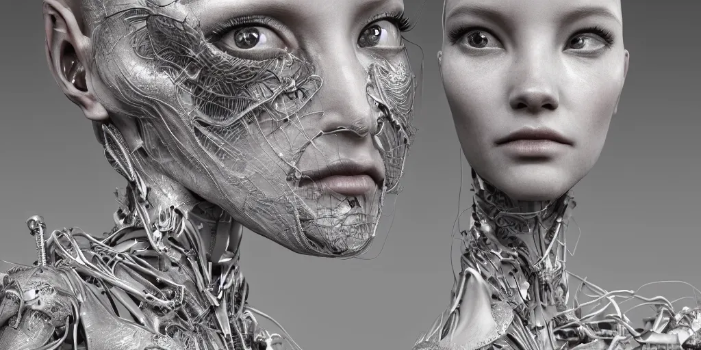 Prompt: hyper realistic photography of a stunningly beautiful cyborg female, incredibly beautiful, symmetrical face, intimate, holding close, hands, in the style of beth cavener, jin kagetsu,, and wlop, highly detailed, intricate filigree, masterpiece, award winning, sharp focus, concept art, ringflash lighting, ambient lighting, octane render, 8 k, artstation