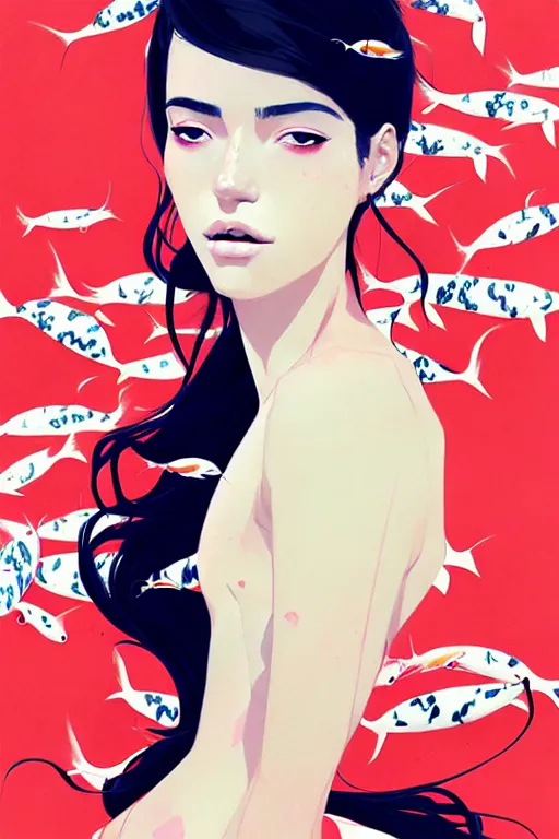 Image similar to a ultradetailed beautiful portrait panting of a stylish woman surrounded by floating koi fish, by conrad roset, greg rutkowski and makoto shinkai, trending on artstation