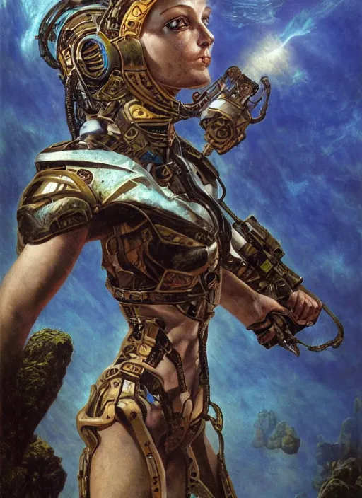 Prompt: biblical daemonic bautiful cyborg girl with glowing veins, shoulder pads, rocket launcher, on planet titan, underwater photography, by gerald brom, by mikhail vrubel, by peter elson, muted colors, extreme detail, trending on artstation, 8 k