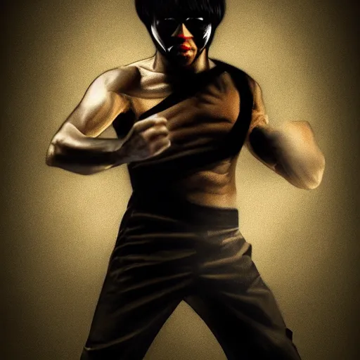 Prompt: anonymous as a bruce lee, award winning creature portrait photography, extremely detailed, artstation, 8 k, sensual lighting, incredible art, wlop, artgerm