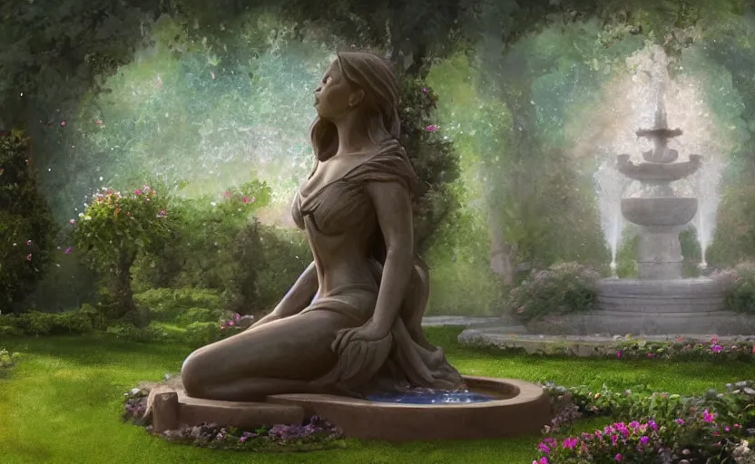 Image similar to The kneeling statue of a woman in a beautiful garden, next to a fountain and a mystical palace, and all this in a foggy and mysterious atmosphere.Fantasy and concept art, colorful digital painting.