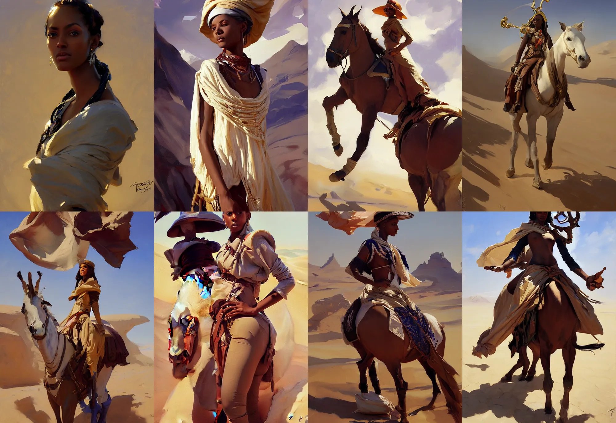 Prompt: portrait of arabian namibian model girl jodhpurs hyperborea winter traveler treasure hunter greg manchess painting by sargent and leyendecker, fantasy, medium shot, asymmetrical, intricate, elegant, matte painting, illustration, hearthstone, by rhads, by greg rutkowski, by greg tocchini, by james gilleard, by joe fenton