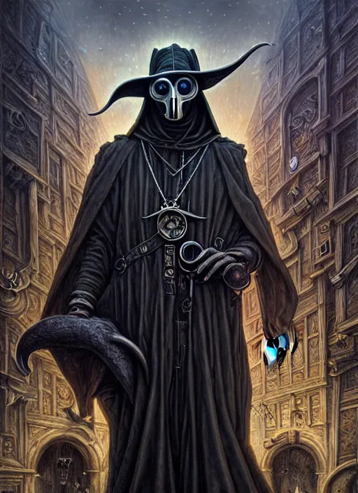 Image similar to portrait of plague doctor, hyper detailed masterpiece, dystopian background, jean giraud, digital art painting, darkwave goth aesthetic, lovecraftian, artgerm, donato giancola and tom bagshaw