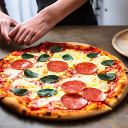 Prompt: woman accidentally bakes a pizza