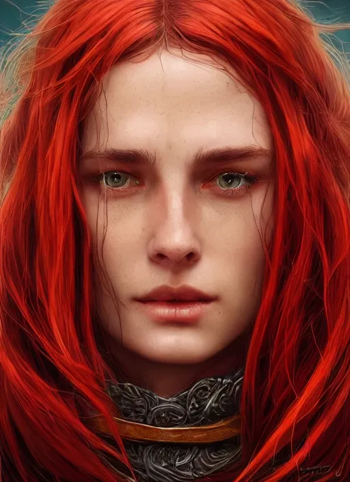 Image similar to vertical portrait of a ruggedly handsome female cleric, soft hair, close - up face, leather, witchy, d & d, fantasy, intricate, elegant, highly detailed, digital painting, artstation, concept art, smooth, sharp focus, illustration, art by artgerm and greg rutkowski and alphonse mucha, plain red background