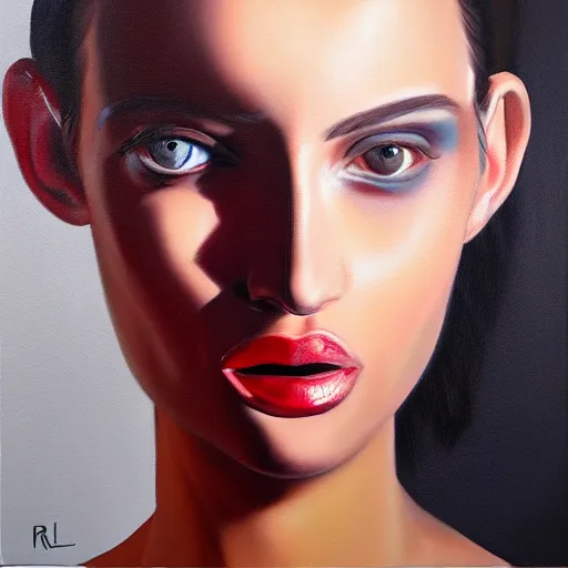 Prompt: hyperrealism oil painting, fashion model with half robot face